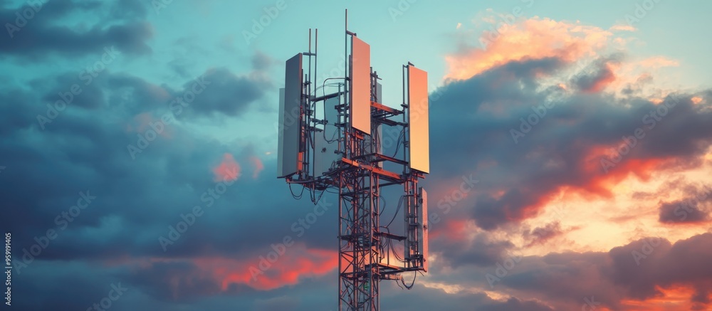 Poster telecommunication tower for 4g and 5g cellular networks featuring macro base station equipment with 