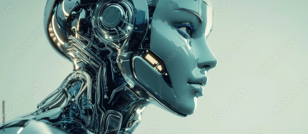 Poster futuristic 3d illustration of a female android with a metallic appearance representing artificial in