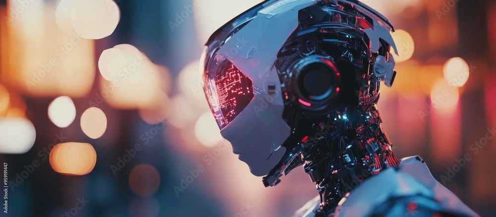 Poster cyborg generating artificial intelligence in 3d rendering with a blurred background