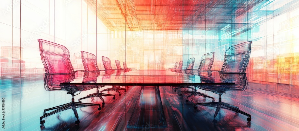 Poster abstract sketch of virtual robotics technology on a contemporary boardroom backdrop illustrating con