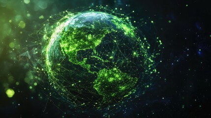 Satellite view of a green planet Earth showcasing a network Concept of sustainable technology connectivity and travel depicted in a 3D illustration
