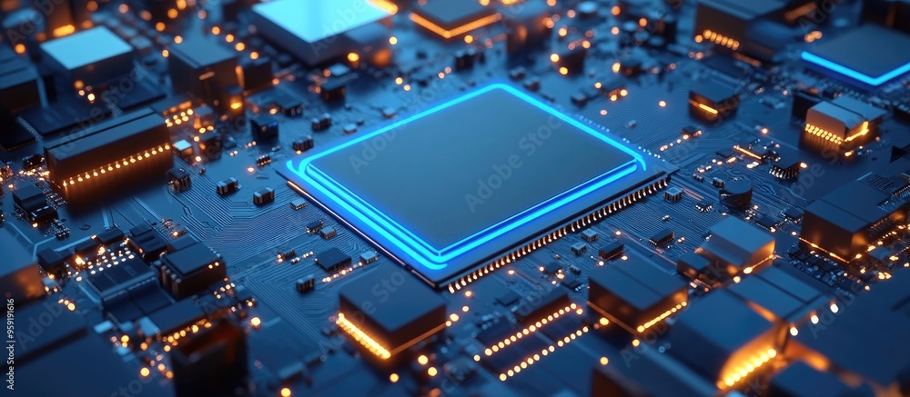 Poster illuminated blue computer chip on a motherboard graphics processor for artificial intelligence minin