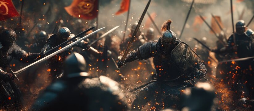 Dynamic battle between armored warriors in an epic clash showcasing intense conflict and strategic combat