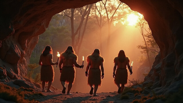 A primitive tribe of ancient people in animal skins stands by a large fire in a cave. Neanderthals. Ice Age. The concept of human evolution.