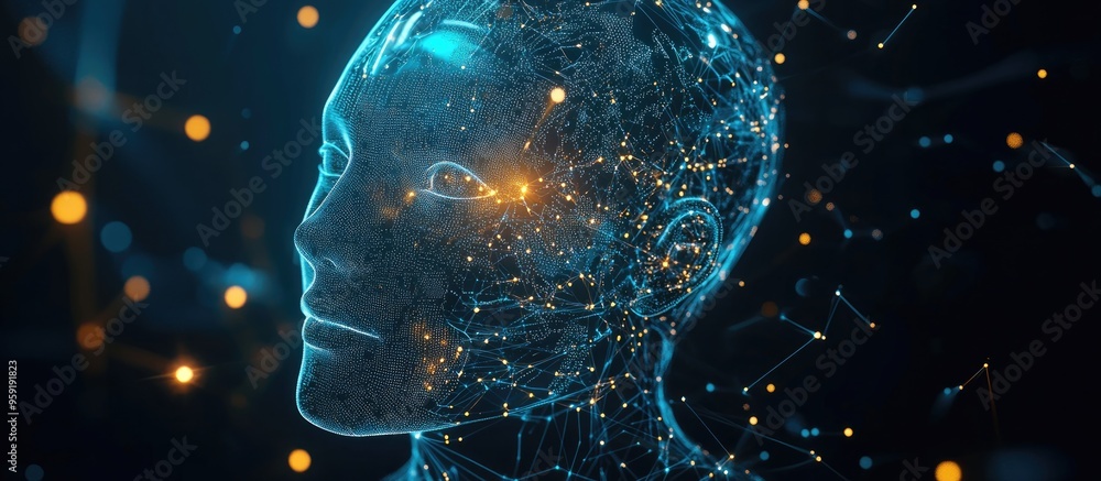 Poster humanoid robot head illustrating concepts in the robotics industry design elements reflect teamwork 