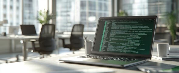 A laptop with green code on the screen sits in an open office space. Programming work time
