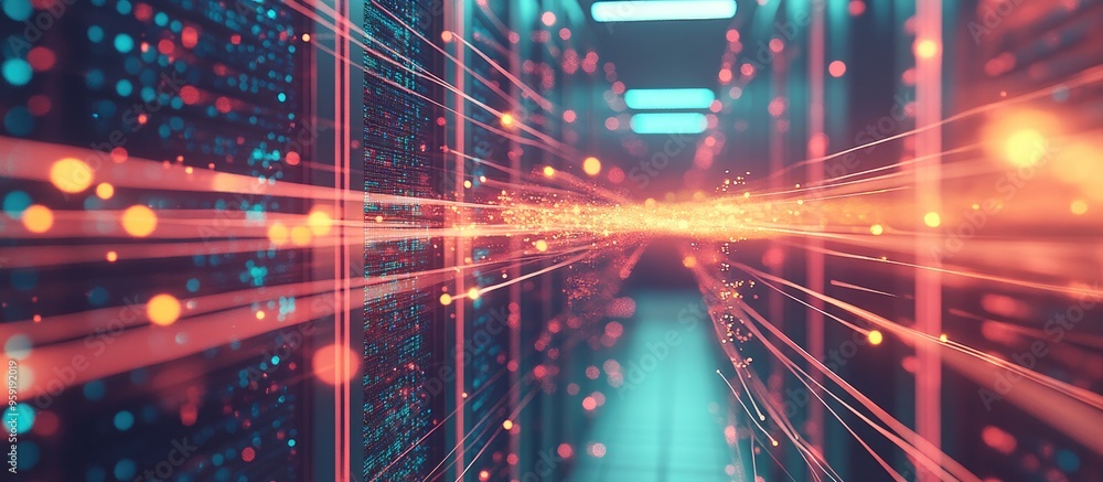 Poster abstract network structure concept in telecommunications with a backdrop of a server room