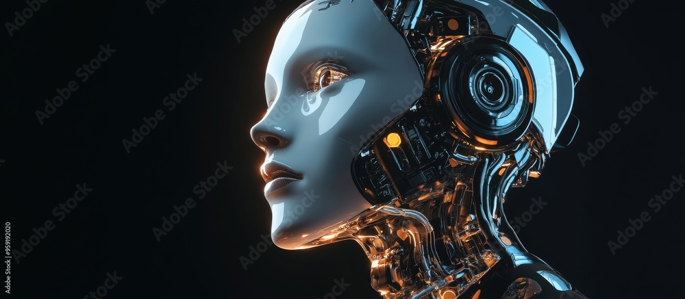 Poster futuristic robot profile face design isolated on a black backdrop 3d rendering