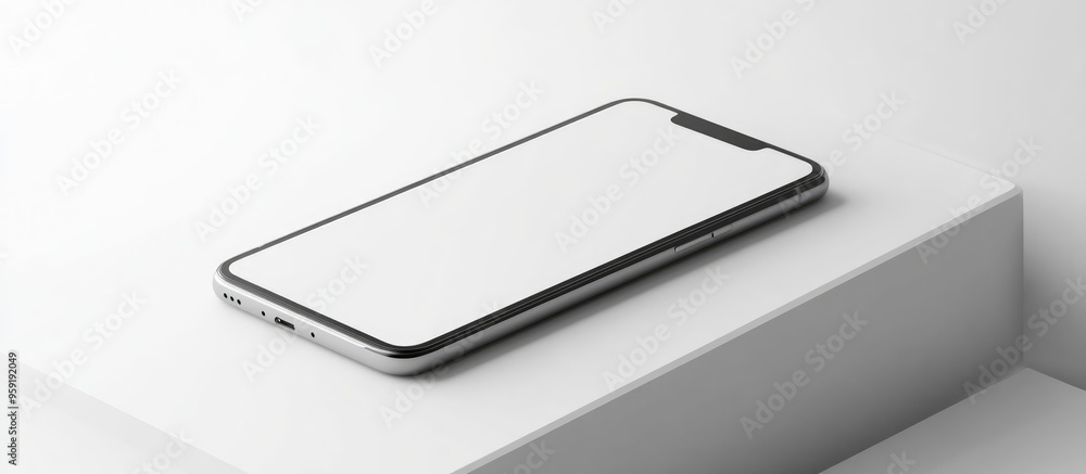 Poster 3d rendering of a smartphone mockup with a blank screen positioned at an angle on a white surface su