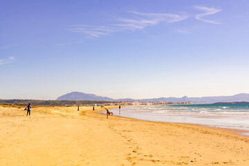 Busy beach day at Los Lances at Tarifa, Spain