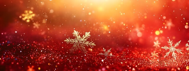 Red background with golden snowflakes, a shiny and festive atmosphere, a large area of red space at the top for text, bright lights, blurred edges, decorative elements, warm tones