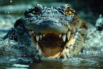 Obraz premium Close-up of a crocodile emerging from water with open jaw showing sharp teeth