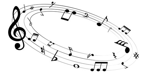 Music notes on rounded shape, black musical element, vector illustration.