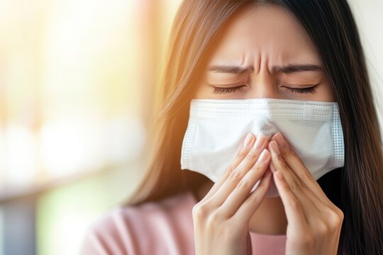 Woman sneezing into mask during allergy season with sunlight in background