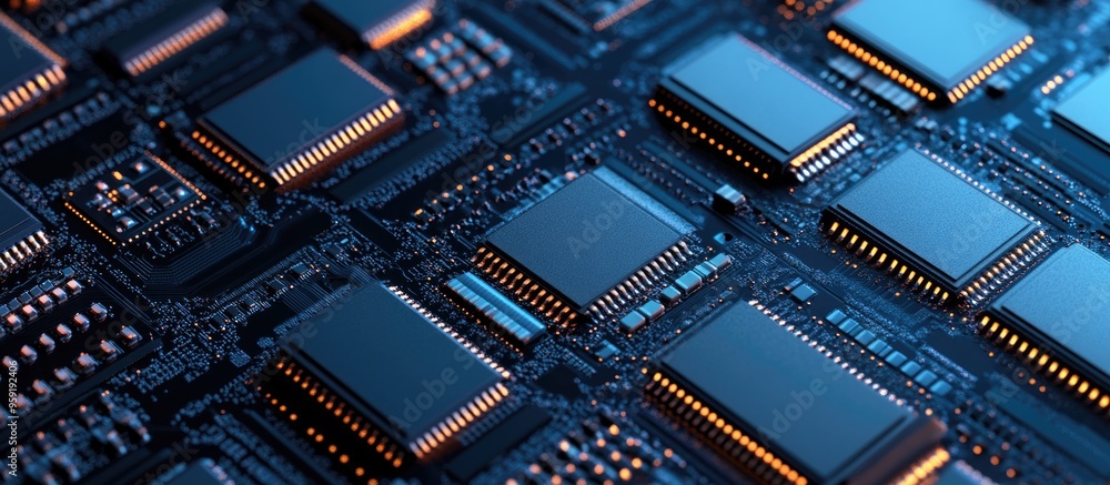 Poster computer random access memory ram modules arranged on a black background with a blue tone