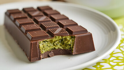 Close up of a dark Dubai chocolate bar with a bite taken from it against a blurred background, the chocolate bar is stuffed with a thick layer of pistachio filling that seeps out the sides.