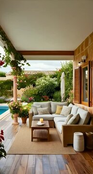 a villa, floor is wooden texture, a cozy space intagrated with the garden, beautiful flowers, seating area is Biga enough and comfortable, add some lighting, coffee table and carpet on floor