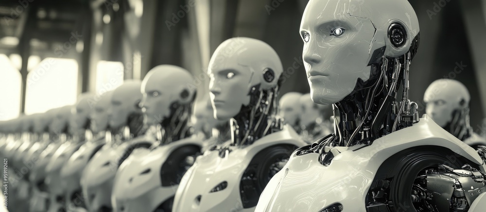 Poster 3d rendering of humanoid robot leaders alongside a robotic army featuring a group of cyborgs in an i