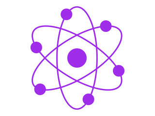 Purple silhouette of an atom with orbiting electrons isolated on a white background. Concept of science, physics, atomic structure, minimalism. Icon, symbol, design element.