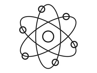 Black outline of an atom with orbiting electrons isolated on white background. Concept of science education, atomic structure, physics, simple line design. Illustration, icon, symbol.