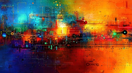   A vibrant depiction of an urban panorama, filled with intricate lines and dots amidst the composition