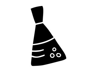 Hand-drawn black silhouette of chemistry flask with bubbles isolated on white background. Concept of laboratory equipment, science education, chemical experiment, minimalist design. Icon, school tool.