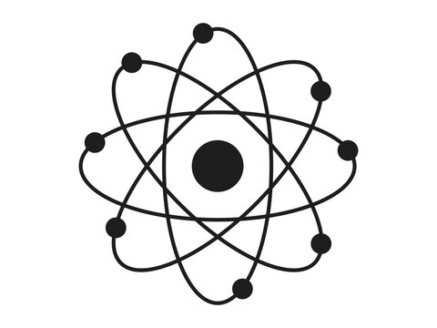 recommend clip art: Black silhouette of an atom with orbiting electrons isolated on a white background. Concept of science, physics, atomic structure, minimalism. Design element.