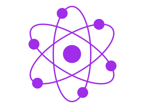recommend clip art: Purple silhouette of an atom with orbiting electrons isolated on a white background. Concept of science, physics, atomic structure, minimalism. Icon, symbol, design element.
