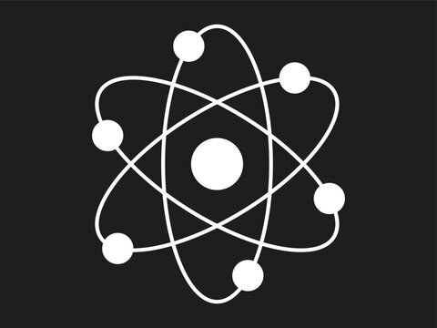 recommend clip art: White silhouette of an atom with orbiting electrons isolated on a black background. Concept of science, physics, atomic structure, minimalism. Icon, symbol, design element.