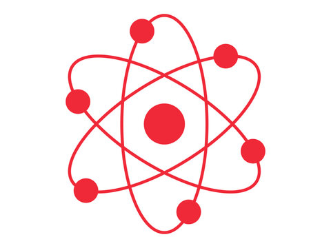 recommend clip art: Red silhouette of an atom with orbiting electrons isolated on a white background. Concept of science, physics, atomic structure, minimalism. Icon, symbol, design element.