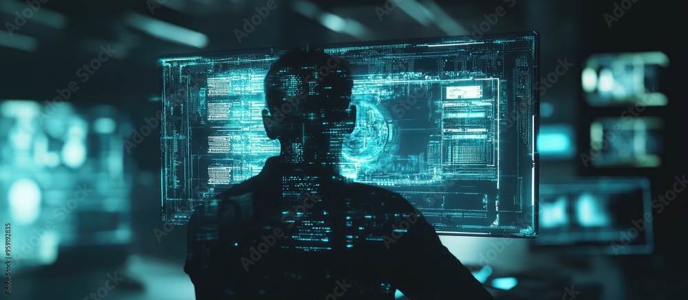 Poster double exposure featuring a computer and technology themed hud representing the concept of innovatio