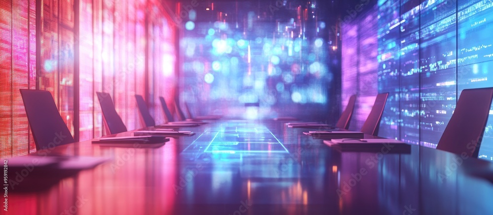 Poster multi exposure image showcasing an abstract hologram representing software development against a con