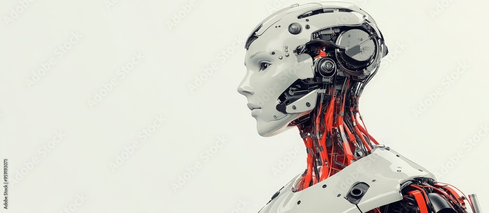 Poster unique neck structure and elongated arms of a smart robot in a side view 3d rendering