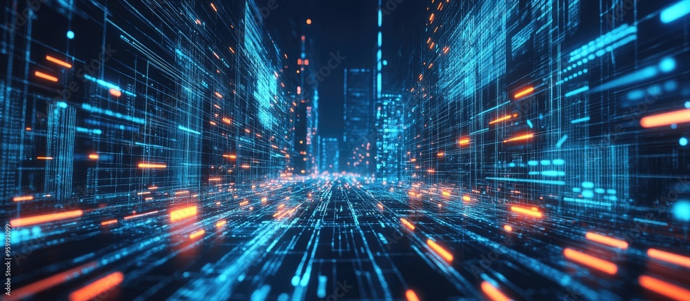 Poster digital communication network technology featuring ai and big data within a 3d illustrated business 