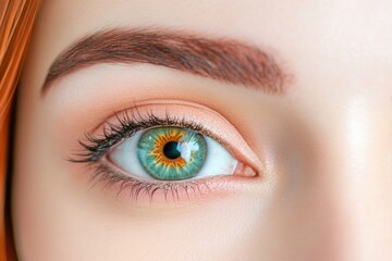 Fototapeta premium Close-up of green eye with detailed iris and natural makeup