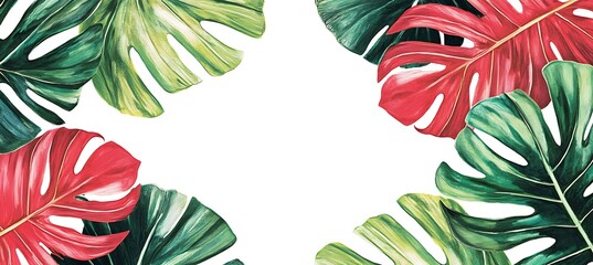 A vibrant, tropical leaf pattern background with a clear white area for text