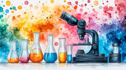 A watercolor illustration of a microscope and beakers filled with colorful liquids, a vibrant backdrop of colorful splatters.