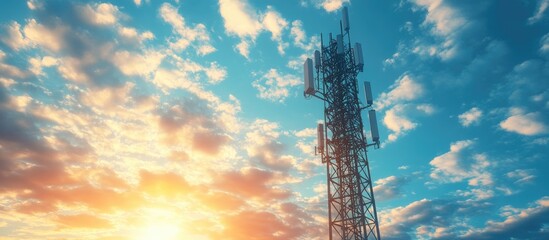 Obraz premium Mobile phone base station tower showcasing the advancement of communication systems in an urban environment framed by a sunrise and a backdrop of blue skies with clouds