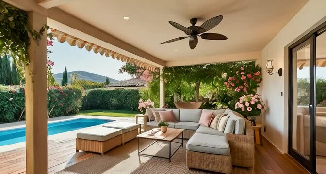 a villa, floor is wooden texture, a cozy space intagrated with the garden, beautiful flowers, seating area is Biga enough and comfortable, add some lighting, coffee table and carpet on floor.