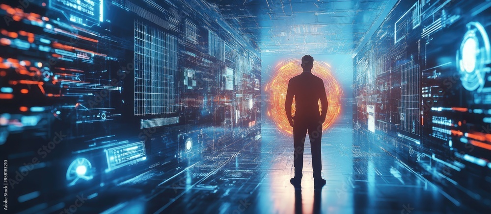 Poster engineer or businessman utilizing artificial intelligence to enhance industrial systems and online n