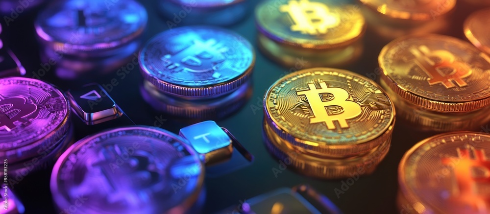 Poster colorful bitcoin coins featuring the bitcoin symbol on keyboard keys with a focused coin in the cent