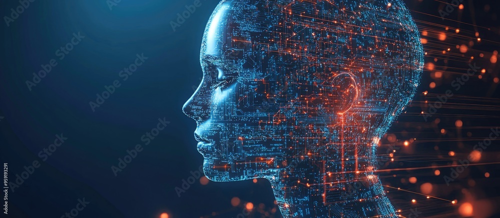 Poster double exposure depicting a creative human head intertwined with microcircuits and a contemporary di
