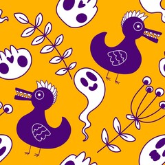 Halloween animals seamless skulls and ducks pattern for wrapping paper