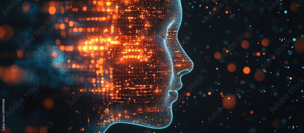 Poster abstract digital representation of a human face illustrating concepts of artificial intelligence big