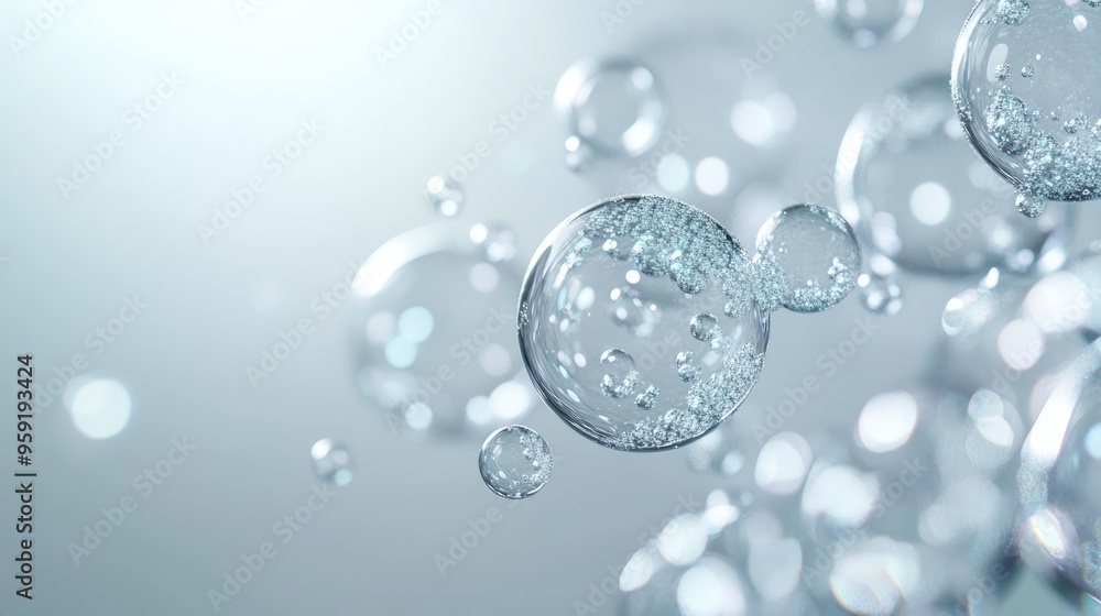 Poster transparent bubble flow on a light backdrop 3d rendering