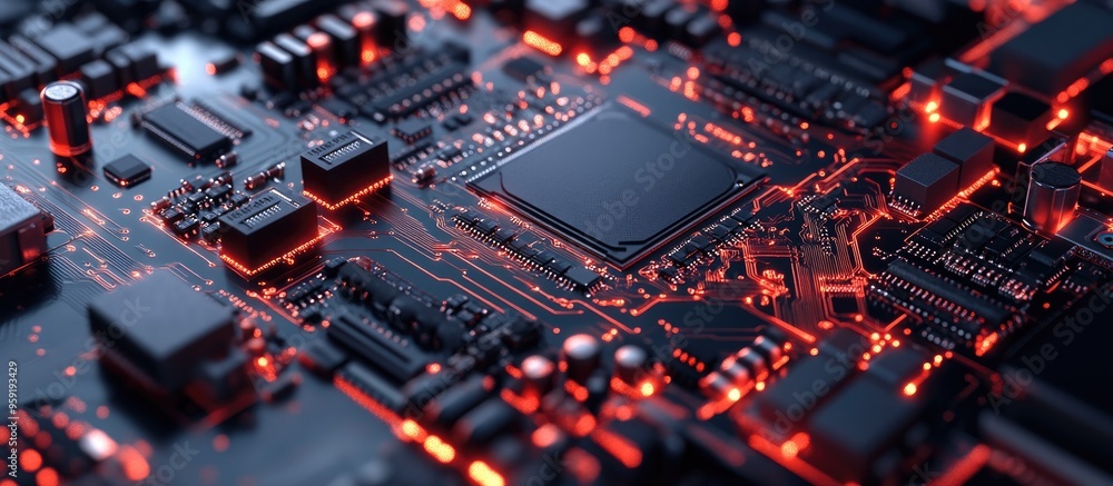 Poster abstract close up of an electronic mainboard background featuring a logic board cpu circuit elements