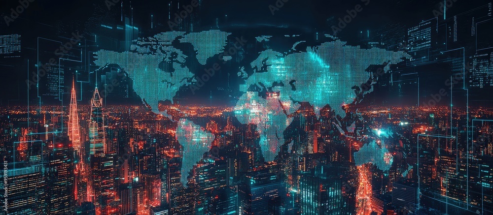 Aufkleber multi exposure of abstract coding graphics and world map over a cityscape background illustrating th