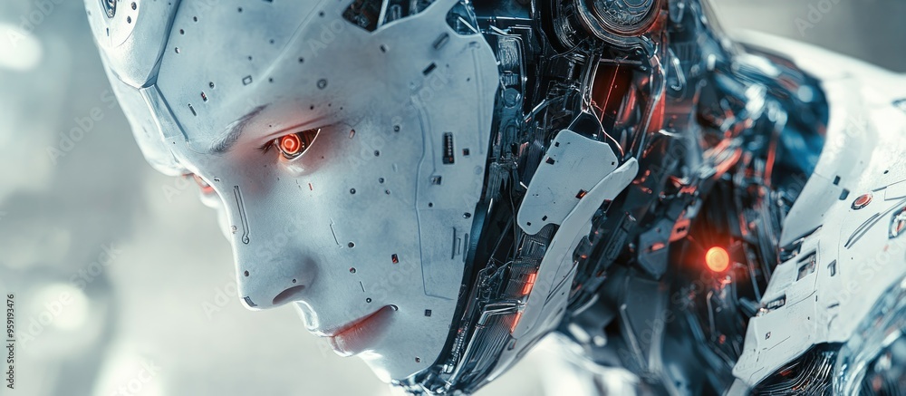 Aufkleber experience the forefront of technology with this striking ai robot face stock image featuring a meti
