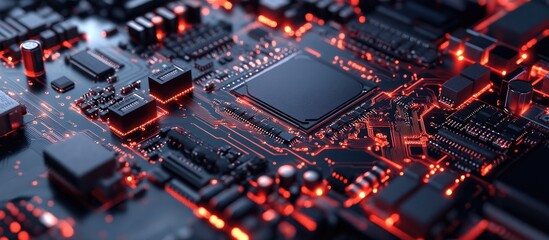 Obraz premium Abstract close up of an electronic mainboard background featuring a logic board CPU circuit elements and system components