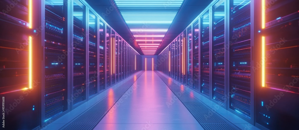 Poster data center room featuring servers and networking devices representing digital transformation and cl